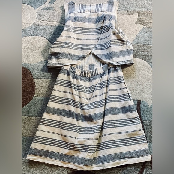 Madewell Sleeveless Linen Blend Back Overlay Mini Dress in Navy Chambray Stripe - Picture 2 of 10